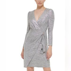 Jessica Howard Ruched waist silver dress with rhinestone detail. Size 10.NWT